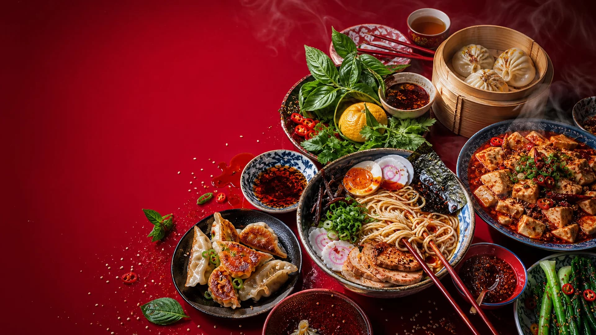 Asiatisk festmåltid på ett rött bord